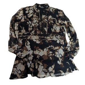 New York City Design Co. Silk Floral Embellished Tunic Top Blouse Women's Size L